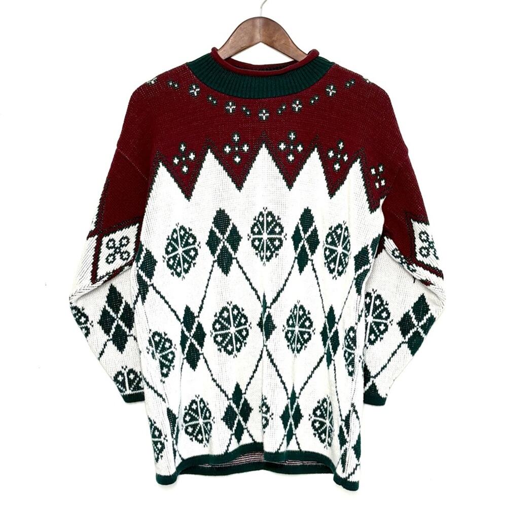 VTG Jessica Roberts Christmas Sweater Women L Red Green Roll Neck USA Snowflakes